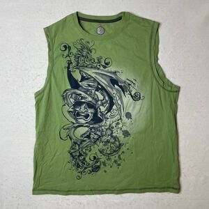 2Kuhl Mens XL Tank Top Graphic‎ Green Sleeveless Shirt Dragon Theater Masks Y2K